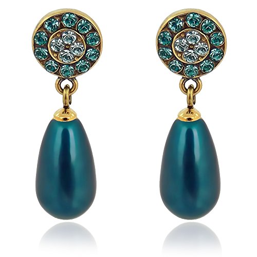 Preisvergleich Produktbild Perlenohrringe mit Kristallen von Swarovski® Gold Blau Grün Petrol NOBEL SCHMUCK