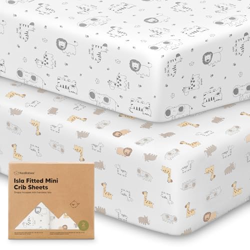 Image of Pack and Play Sheets Fitted - 2-Pack Mini Crib Sheets for Pack N Play Mattress 38x26, Soft & Cozy, Neutral Toddler Playard Bedding, Snug Fitted Mini Baby Crib Mattress Cover Boy, Girl (KeaSafari)