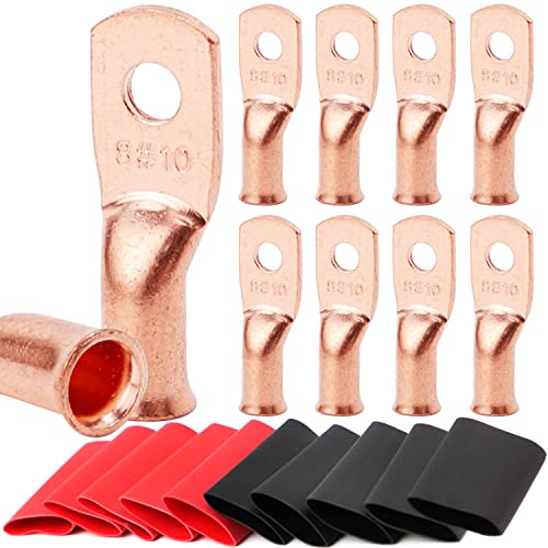Image of 10pcs 8 AWG-#10 Ring Battery Lugs,Copper Wire Lugs,UL Listed Heavy Duty Battery Cable Ends,Tubular Ring Terminals,AWG Crimp Wire Ring Lugs,Battery Terminal Connectors with 3:1 Heat Shrink Tubing