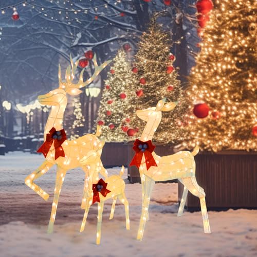 Outdoor Christmas Deer Decor 3-Piece Set 5 FT Large Reindeer Family (Buck/Doe/Fawn) with 210 Warm White LEDs Cotton Twine & Iron Weatherproof Holiday Lights for Yard Garden Party White