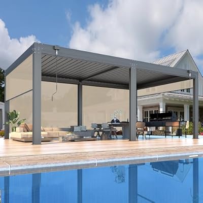 MELLCOM 12x20FT Louvered Pergola with 6-Panel Pull-Down Screen, Aluminum Pergola with Adjustable Rainproof Roof for Patio, Lawn & Garden, Dark Gray