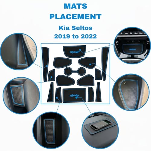 Image of Car Drome | Door Cup Bottle Mat Set for Kia Seltos 2019 to 2022 | Premium Non Slip Rubber Inserts | Custom Fit 15 Pieces | Blue Trim Interior Car Accessories | Dustproof Washable Car Styling
