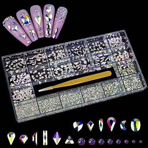 Nail Rhinestones Kit, AB Crystal Rhinestones for Nails, 7660Pcs Nail Gems Jewels Flatback Mixed Shape Sizes for Acrylic Nail Art Craft Decoration with Tweezers Storage Box