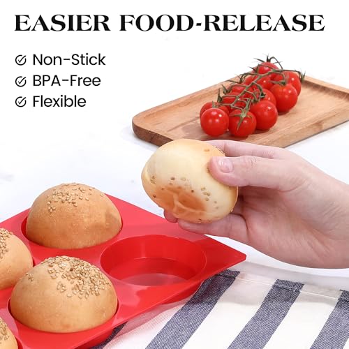 AOTASO 2 Pcs Muffin Top Pans Non Stick Silicone Egg Molds For Breakfast Sandwiches 3 Inch Round Egg Silicone Molds For Baking English Muffins, Whoopie Pies, Corn Bread, Egg Bites, Tarts (Red)
