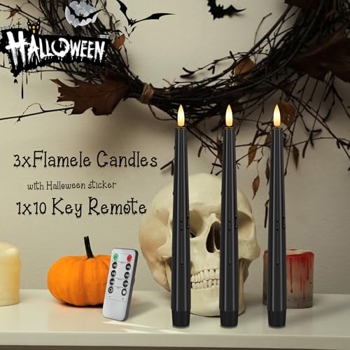 Image of Halloween Flameless Taper Candles with Remote, Black Battery Operated Candles, 9.6 inch Real Wax Flickering Led Candlesticks for Halloween, Home, Wedding, Party, 3 Pack