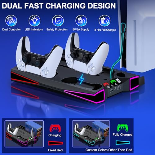 Image of PS5 Stand, PS5 /PS5 Slim Cooling Station with 3-Level Cooling Fan, Controller Charger Station for PS5 Accessories, Light, Headset Holder, 3 Charger Ports for PlayStation 5 Slim Console, Black