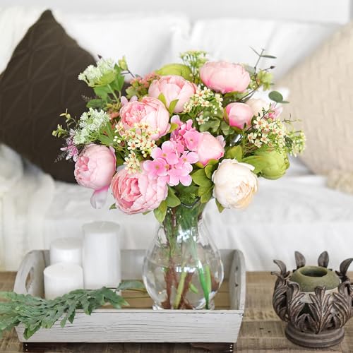 Image of FiveSeasonStuff Vintage Artificial Peonies Silk Peony Flowers and Hydrangeas for Wedding Bridal Home Decor - Beautiful Floral Centerpiece Arrangement Decoration with 2 Bouquets (Charm Pink)