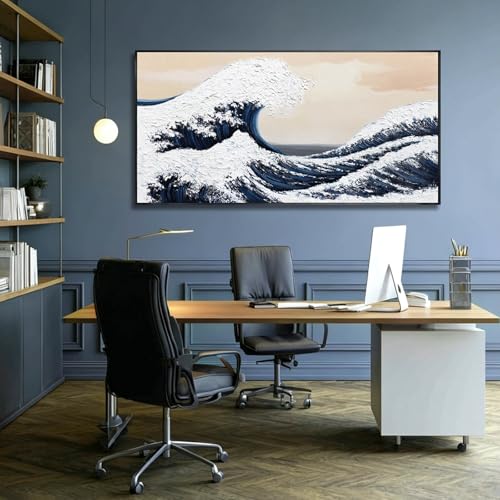 Image of Wave Poster Abstract Wall Art Minimalist Print Abstract Ocean Art Blue And White Framed Canvas Arts Print Paintings for Home Office Decorations 29 inchx58 inch