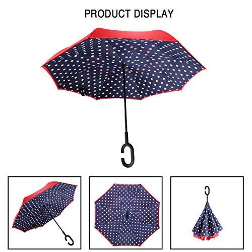 Image of MRTLLOA Double Layer Inverted Umbrella with C-Shaped Handle, Anti-UV Waterproof Windproof Straight Umbrella for Car Rain Outdoor Use (N-Red Dot)