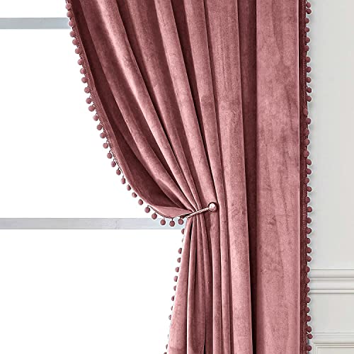 Image of Amazon Brand - Umi Velvet Eyelet Door Curtains with pom pom Lace for Living Room Bedroom Kitchen 1 pc Pack in Blush Color (Windows - 4 feet x 6 feet)