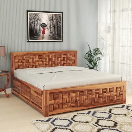 Image of Sheesham Wood King Size Bed with Storage Box | Wooden Box Bed King Size Double Cot Bed with Storage for Bedroom | Premium Niwar Design Headboard Bed for Hotel, Home | Honey Finish