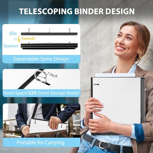 Image of WOT I 1 Inch Telescoping 3 Ring Binder 12-Pack, Expandable Flexible Binder with Customizable Front Cover & Clear Catalog Pocket, Holds 8.5 inchx11 inch Paper, School Office Supplies, Black+White
