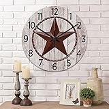 15 Inch Round Wall Clock Western Texas Star Decorative Wall Clock Retro Wood Clock Non-ticking Battery Operated Silent Easy to Read Country Analog Clock for Living Room Home Bedroom Home Accent