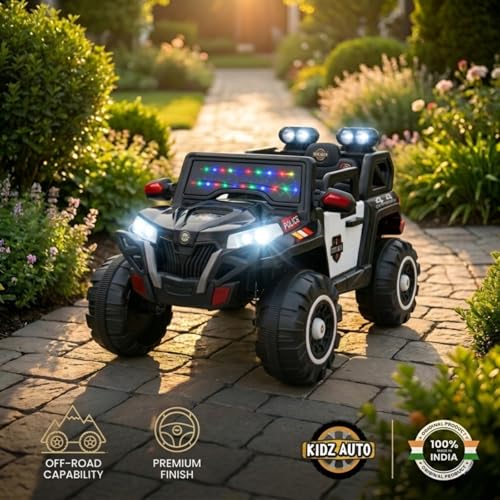 Image of KAB J 2188 Kids Electric Ride-On Jeep with Remote Control | Rechargeable Battery Operated Toy Car with Music, Decorative Lights, Openable Doors, Suspension & Bonnet Lighting | Police