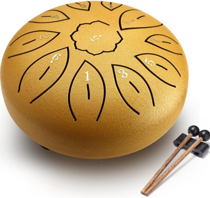 Facmogu 6 Inches 11 Notes Steel Tongue Drum, Handpan Drum Sound Healing Instruments for Meditation, Musical Education, Yoga, Zen, Hand Drum with Bag Mallets Finger Picks Music Book Stickers - Gold 6 Inches 11 Notes Gold
