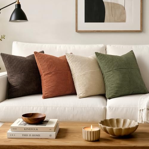 Image of MIULEE Fall Rust Boho Decorative Throw Pillow Covers 18x18 Inch for Couch Bed Sofa Pack of 2, Terracotta Farmhouse Earth Tones Home Decor, Soft Corss Corduroy Patchwork Textured Cushion Cases
