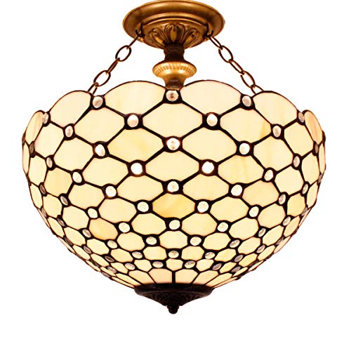 Image of WERFACTORY Tiffany Ceiling Light Fixture Stained Glass Semi Flush Mount 16 inch