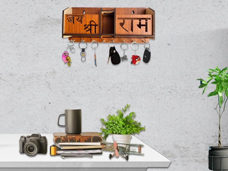 Image of Jai Shree Ram Key Holder Wooden Key Holder Stand for Home Wall, Office, Hall, Living Room, Bedroom Stylish Designer, Home Decor Two Pocket Mobile Charger and Pan Stand 8 Hooks MDF Brown