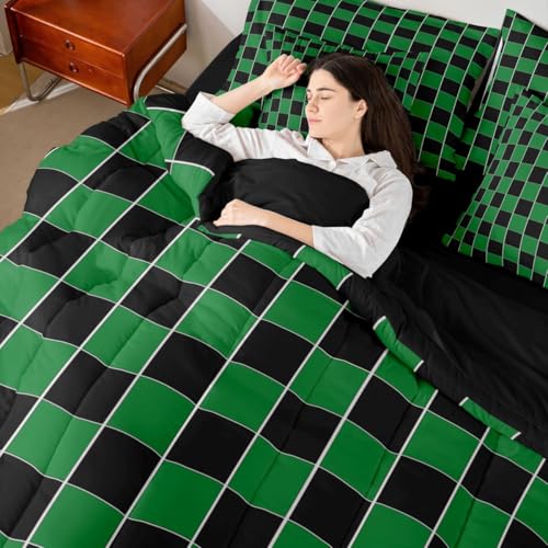 Image of Erosebridal Plaid Full Bed in A Bag 7 Piece Green Black Checkerboard Comforter Set with Sheets Geometric Checkered Bedding Sets for Kids Adults,Aesthetic Grids Bed Set