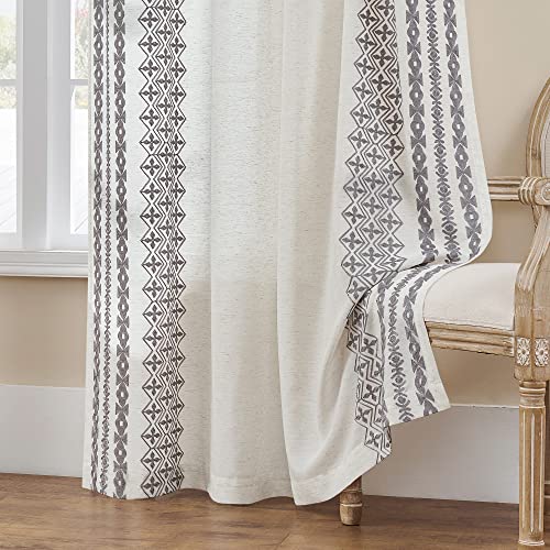 Vintage Linen Curtains 84 Inch Length 2 Panels, Farmhouse Curtains For Living Room Bedroom Boho Embroidered Striped Drapes Grommet Semi Sheer Curtains Flax Curtains Window Treatment Decor, 52X84 Grey #TOP13