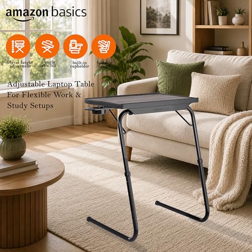 Image of amazon basics Pro Smart | Lounge Mate Smart | Height Adjustable Laptop Table | Adjustable Table Angle | Cupholder | Carbon Steel | Foldable | Dove White | 75 cm - H, 55 cm - L, 40 cm - W