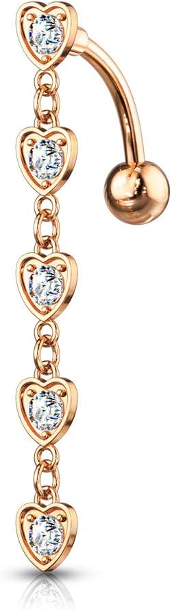 14GA 5 Crystal Set Center Hearts Dangle Top Drop Belly Button Navel Ring 316L Surgical Steel (Choose Color)