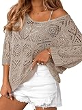 Saodimallsu Womens Crochet Cover Up Top Summer 3/4 Sleeve Off Shoulder Sweater Shirts Mesh Boho Beach Swimsuit Coverup Khaki