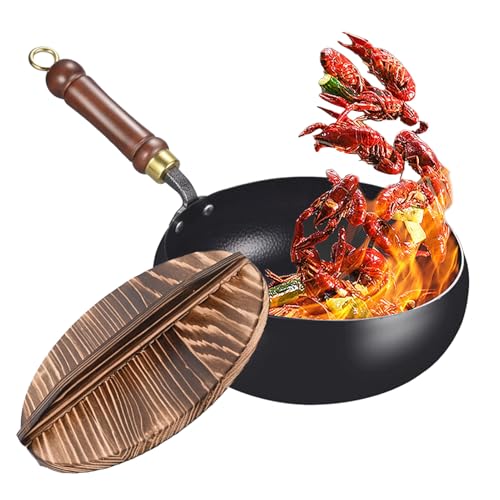 Wezalget Sartén wok antiadherente, wok de hierro con tapa, sartén de hierro sin revestimiento, 24 cm, apta para inducción, todo tipo de fuegos, hogar, cocina, restaurante