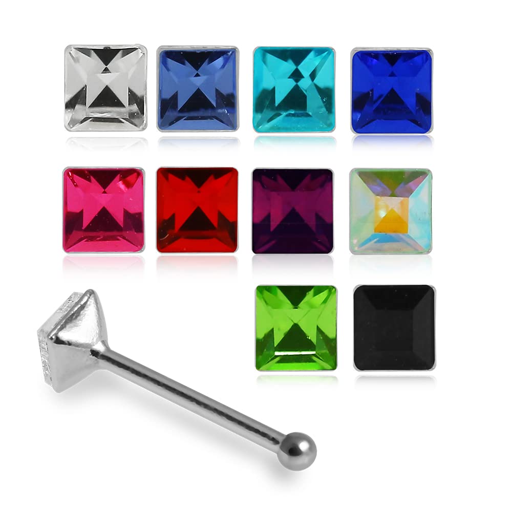 20 Pieces Mixcolor Jeweled Square 925 Sterling Silver Nose Pin. Pack in Acrylic Box.