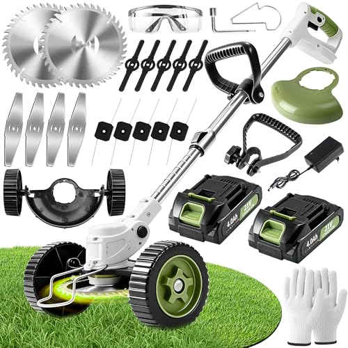 Elektrischer Rasentrimmer mit Akku und Ladegerät - Rasentrimmer mit 2 Akkus 4 Messertypen und Rädern - Teleskop Freischneider mit Unkrautbürste - Cordless Grass Trimmer für Höfe Gärten (Beige)