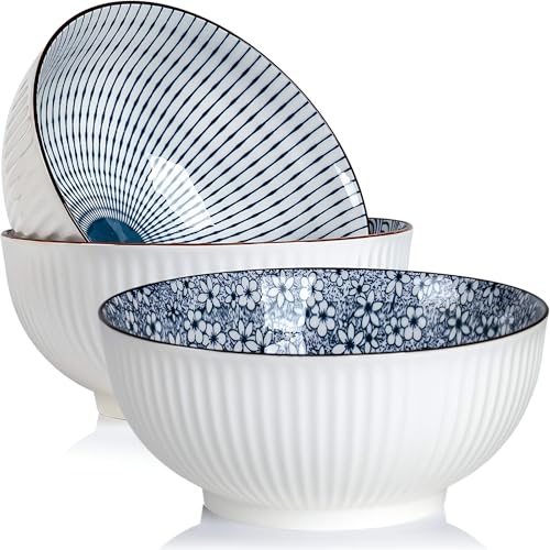 Opiniones de Cuencos y tazones del mes. 50 QINLANG - tazón grande de sopa de 67 onzas, cuencos de pho, cuencos de ramen japonés, juego de 3, cuencos grandes de porcelana azul y blanco de 8 pulgadas, 3 patrones de mezcla