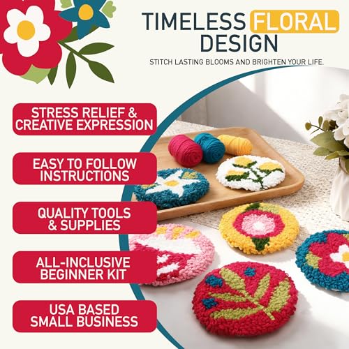 Image of Emri Lane Punch Needle Kit - 6 Floral Design Punch Needle Embroidery Kit w /Monk Cloth, Embroidery Hoop, Yarn & More - Essential Punch Needle Supplies for Crafters - Ideal Punch Art for Beginners