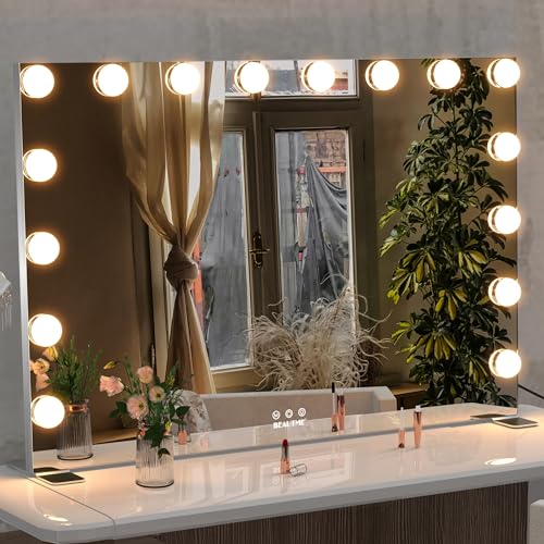 ANYHI Espejo Maquillaje con Luz 91 x 62 cm, Espejo Tocador con 16 Lámparas LED Regulables, Espejo Maquillaje Pared con Lupa 10X y 3 Modos de Luz, Espejo Hollywood de Mesa Grande (Plata)