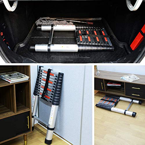 SUNCOO 12.5 FT Extension Ladder, Lightweight Aluminum Telescoping Ladders, Easy Retraction Anti-Slip Telescopic Extendable Climb Attic Ladder with Spring Loaded Locking Mechanism, 330 lbs Capacity