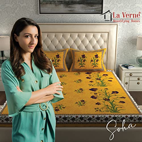 Image of La Verne104 TC 100% Cotton Jaipuri Rjasathani Hand Print Bedsheet with 2 Pillow Covers (Yellow)