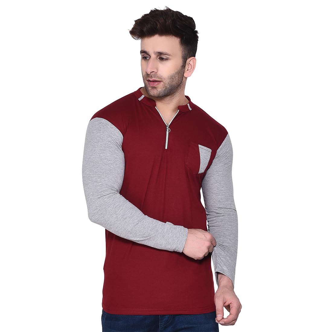 Men's Full Sleeve T-Shirt with Zip Neck and Contrast Pocket | Stylish Slim Fit Casual Tee