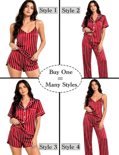Image of SWOMOG Womens Silk Satin Pajamas Sets 4pcs Sleepwear Sexy Cami Shorts Set and Button Down Short Sleeve Pjs Loungewear