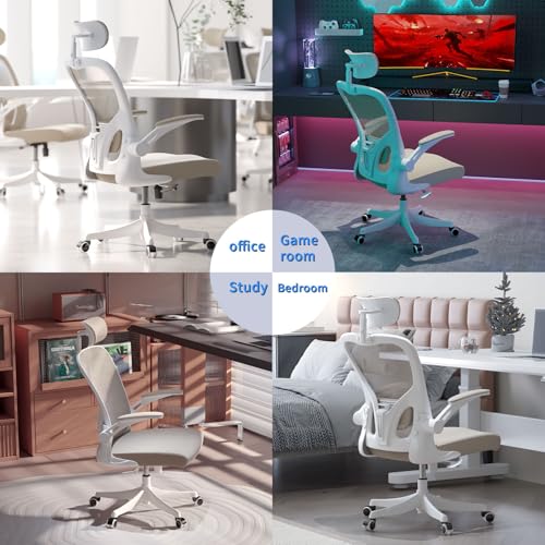 Image of Monhey Office Chair Ergonomic Desk Chair with Lumbar Support&Headrest&Flip-up Arms Height Adjustable Rocking Swivel Computer Chair Multi-Angle from 90 to 125 with 350LBS Capacity (02White+Khaki)