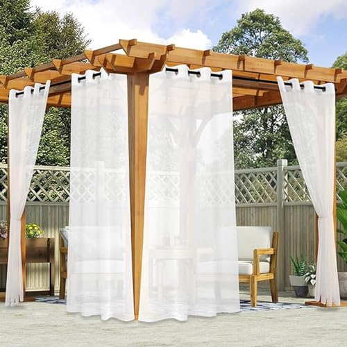 Waterproof Outdoor Sheer Curtains for Patio - 2 Panels White Voile Light Filtering Privacy Curtains for Porch, Pergola, Gazebo, Cabana (W 162cm x H 200cm)