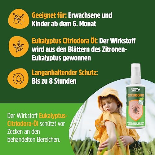 Green Hero Zeckenspray schützt zuverlässig vor Zecken, Mücken & Moskitos 100ml Zeckenschutz mit dem gut duftendem Wirkstoff EC-Öl, geeignet für Erwachsene und Kinder ab dem 6. Monat