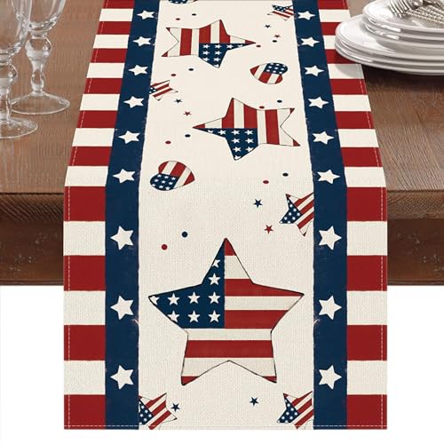 Tischläufer 4. Juli mit Sternen & Streifen, patriotisch, 33 x 183 cm, Amerika, Gedenktag, Unabhängigkeitstag, Vintage, Küche, Esszimmer, Zuhause, Party, Dekoration