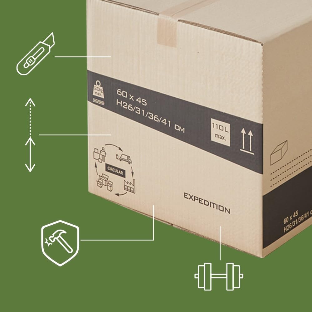 Pack and Move - Zestaw 45 kartonów do przeprowadzki o zmiennej wysokości – 60 x 45 x 31 – 41 cm – wzmocnione uchwyty – 1 klej w prezencie