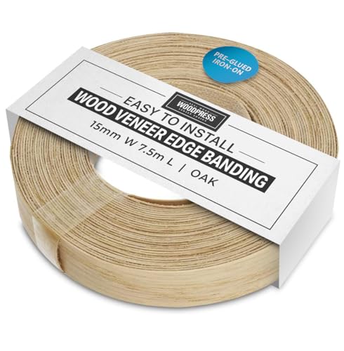 Borde termoadhesivo WoodPress® de roble real de 15 mm - Rollo de 7,5 m - Cinta de chapa de madera prepegada para una fácil aplicación de bricolaje