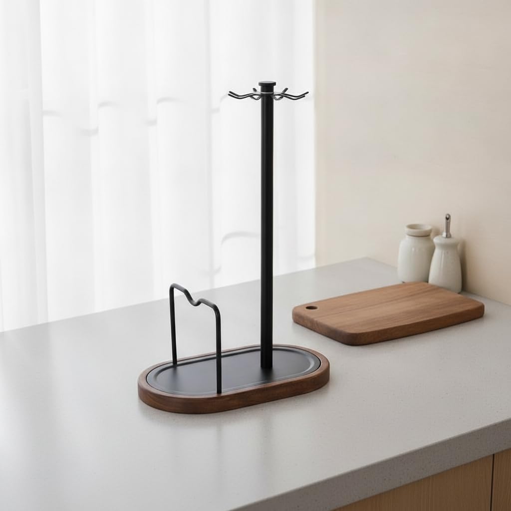 Porte Planches à Découper en Noyer avec Support pour Couvercles et Plaques Pâtisserie pour Travail Propre et Fonctionnel, Support de spatule rotatif en noyer WYL - Noir