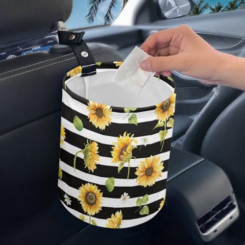 Image of Hanging Portable Car Printed Sunflower Multipurpose Car Accessories Interior Universal Collapsible Back Seat, Front Console, Floor, or Hanging Headrest Waste Basket