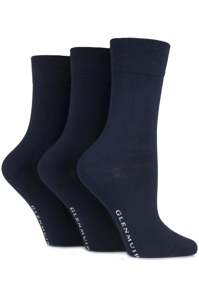 Glenmuir Women's Navy 3 Pair Comfort Cuff Plain Bamboo Socks 4-8