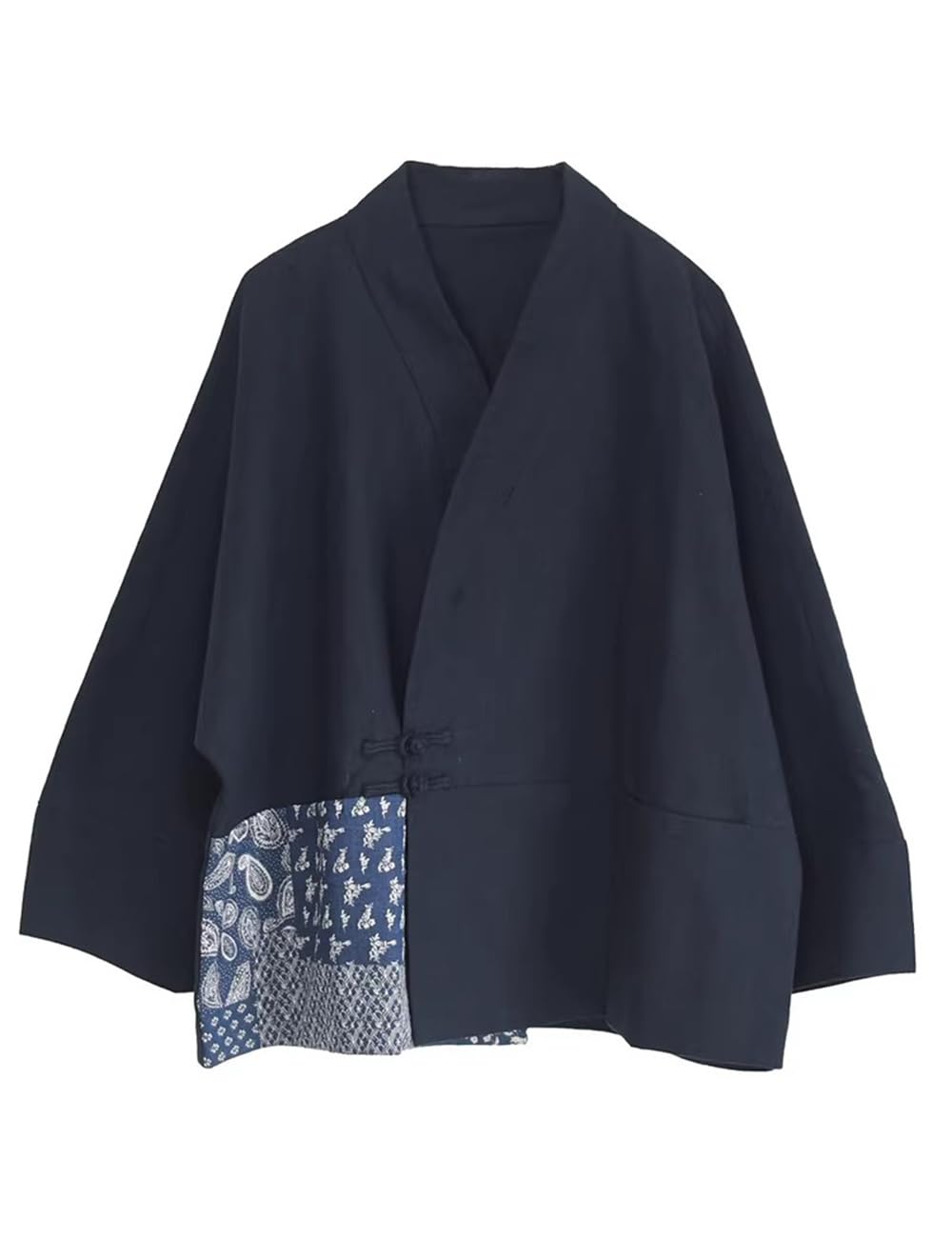 NFYM Chaqueta tipo kimono ligera para mujer, diseño de retazos, parte delantera abierta, con botones de rana, acolchado y forro de dos estilos