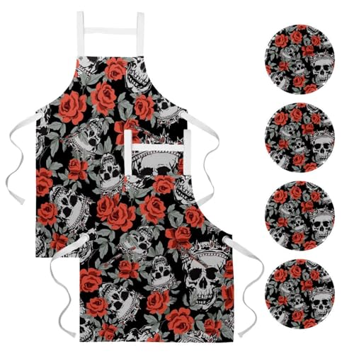 Lot de 2 tabliers crânes grunge avec couronne pour cuisine et bistrot