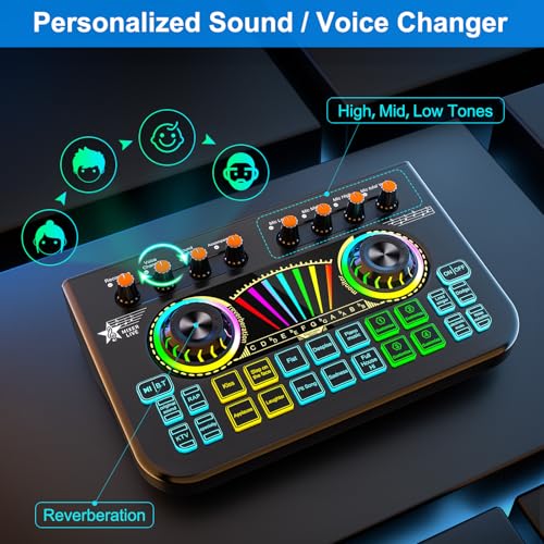 Audio Mixer, Sound Board for Pc/Phone Live Streaming Gaming, Audio Interface for 3.5mm/6.35mm Dynamic Microphone, Live Sound Card with Voice Changer, Denoise, Lead Singing Podcast Mixer - Thumbnail 2