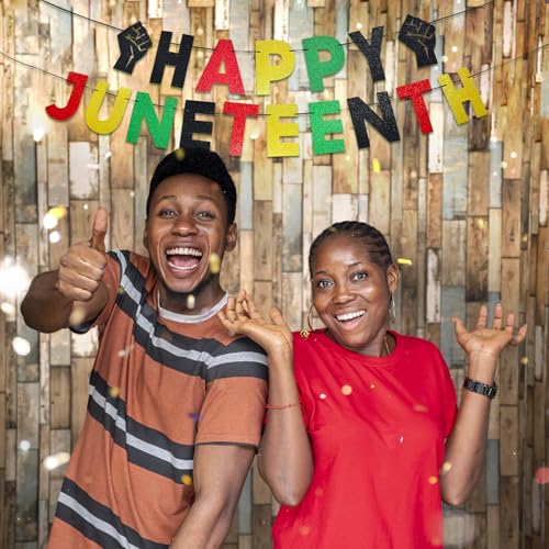 Image of Happy Juneteenth Banner - Pre-Strung Glitter Red Green Black Gold Garland with Fist Signs Honoring 1864 for Freedom Day Party, Juneteenth Celebration, African American Independence Decor, and Emancipation Day Decorations